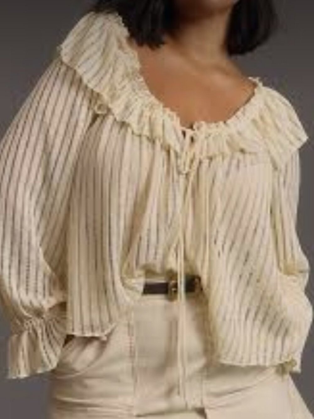 BY ANTHROPOLOGIE LONG SLEEVE SHIRRED STRIPPED CROP BLOUSE-BOHO-COTTAGECORE